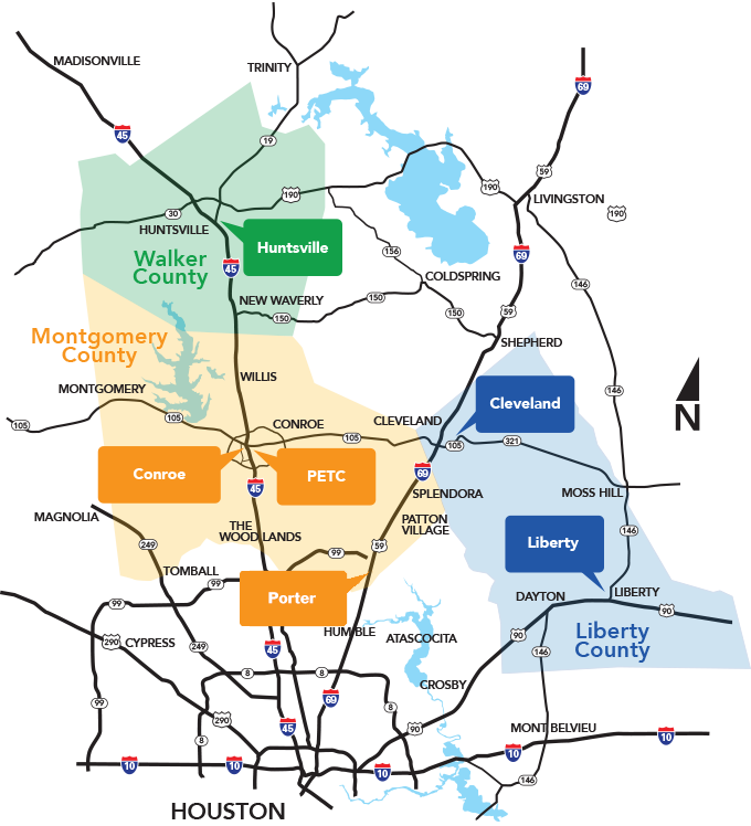 A map that shows all the Tri County locations - Huntsville, Cleveland, Main facility (Conroe), PETC (Conroe), Liberty, and Porter locations. Scrolling over one of these reveals information about the location.